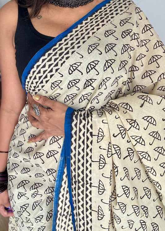 Beige with black umbrella, blue border, block printed soft cotton saree - YCTORCMA15