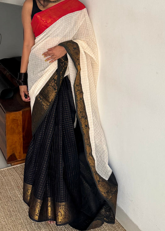 Ivory and red with black, sungudi cotton half-half saree - YCCOTNMSFE375