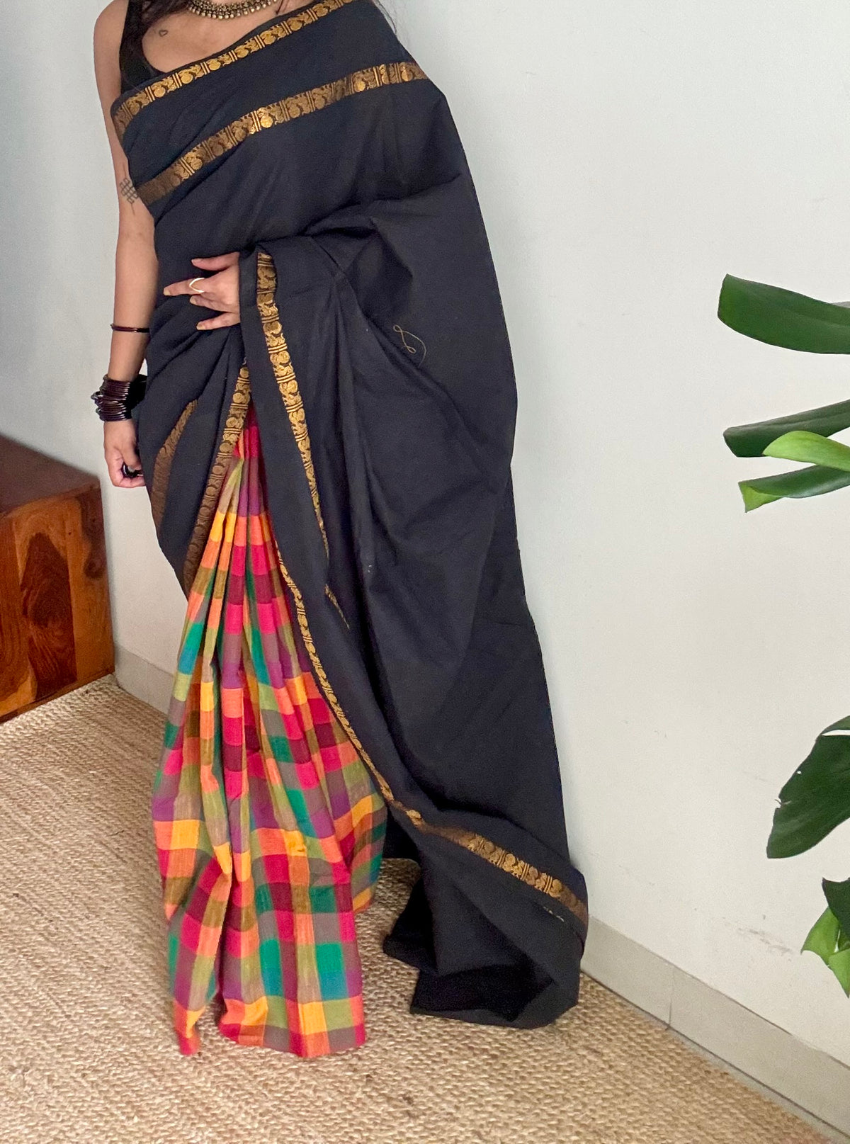 Plain black with multicoloured checks, cotton half-half saree - YCCOTNIDOC43