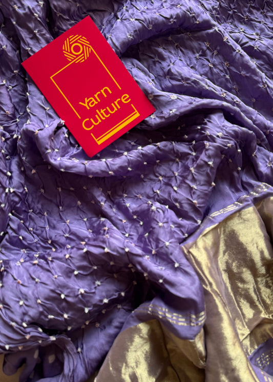 Lavender, crushed bandhej pure modal silk saree with lagdi patta zari pallu - YCTOKBM331
