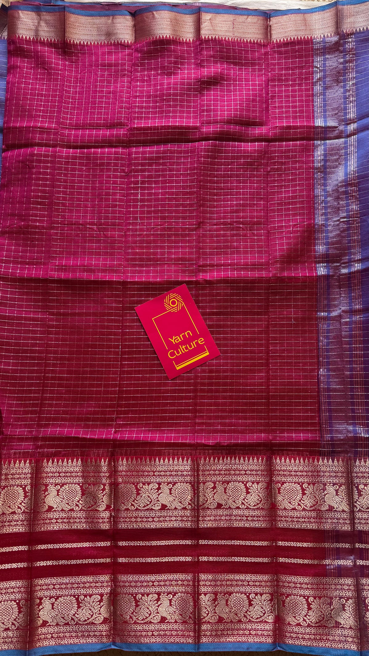 Dark berry pink with blue silver zari checks, silver and gold peacock woven zari border, mangalgiri silk cotton, handwoven, soft, light weight - YCWOTDMSCOC124