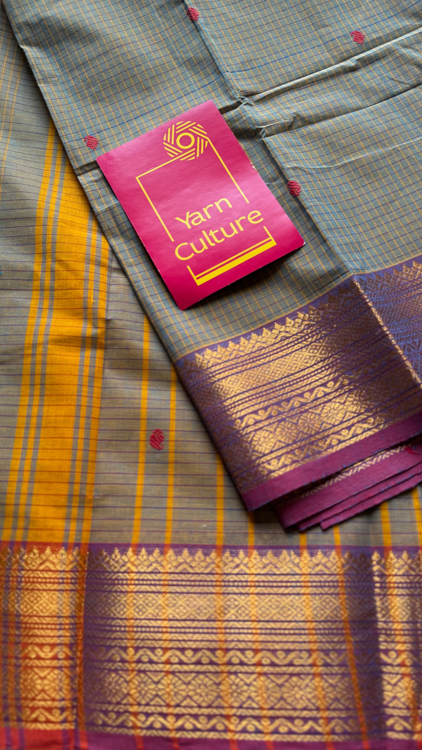 Grey and magenta purple contrast, checkered Chettinad cotton saree - YCCOTNMA263