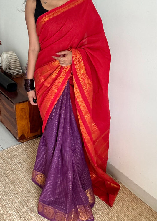 Chilli red and purple, sungudi cotton half-half saree - YCCOTNIDMA309