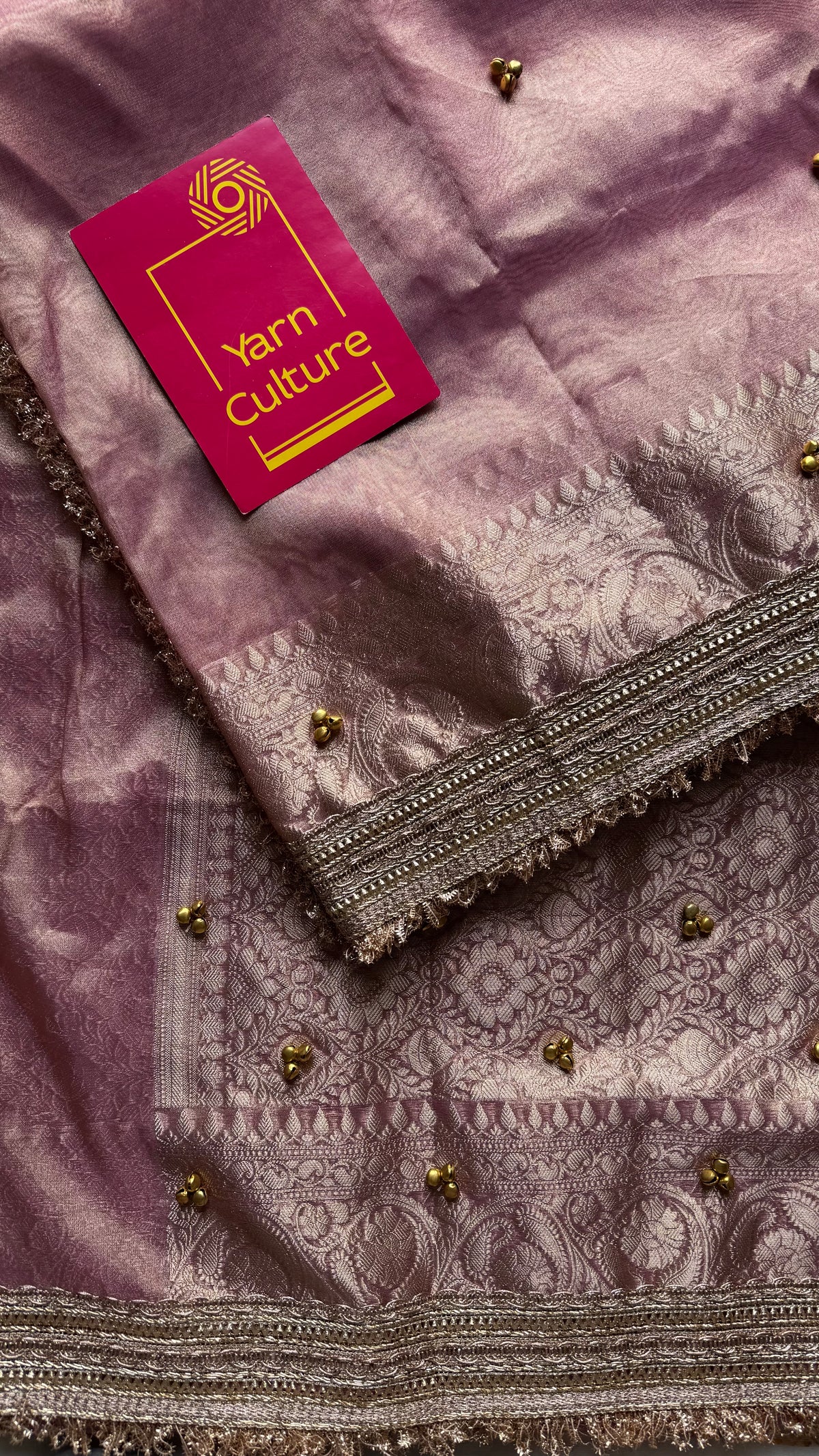 Pink gold tissue Banarasi saree with ghungroo embellishments and zari border - YCBLTOC71