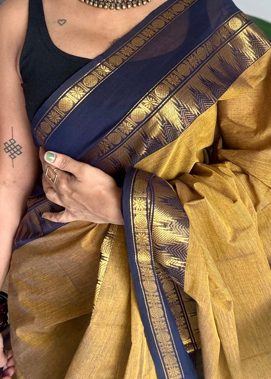 Mustard yellow with black gap zari border, kanchi cotton saree - YCCOTNCCOC118