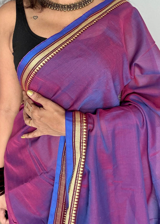 Purple pink with blue border narayanpet saree, soft cotton - YCWOTDNPFE28