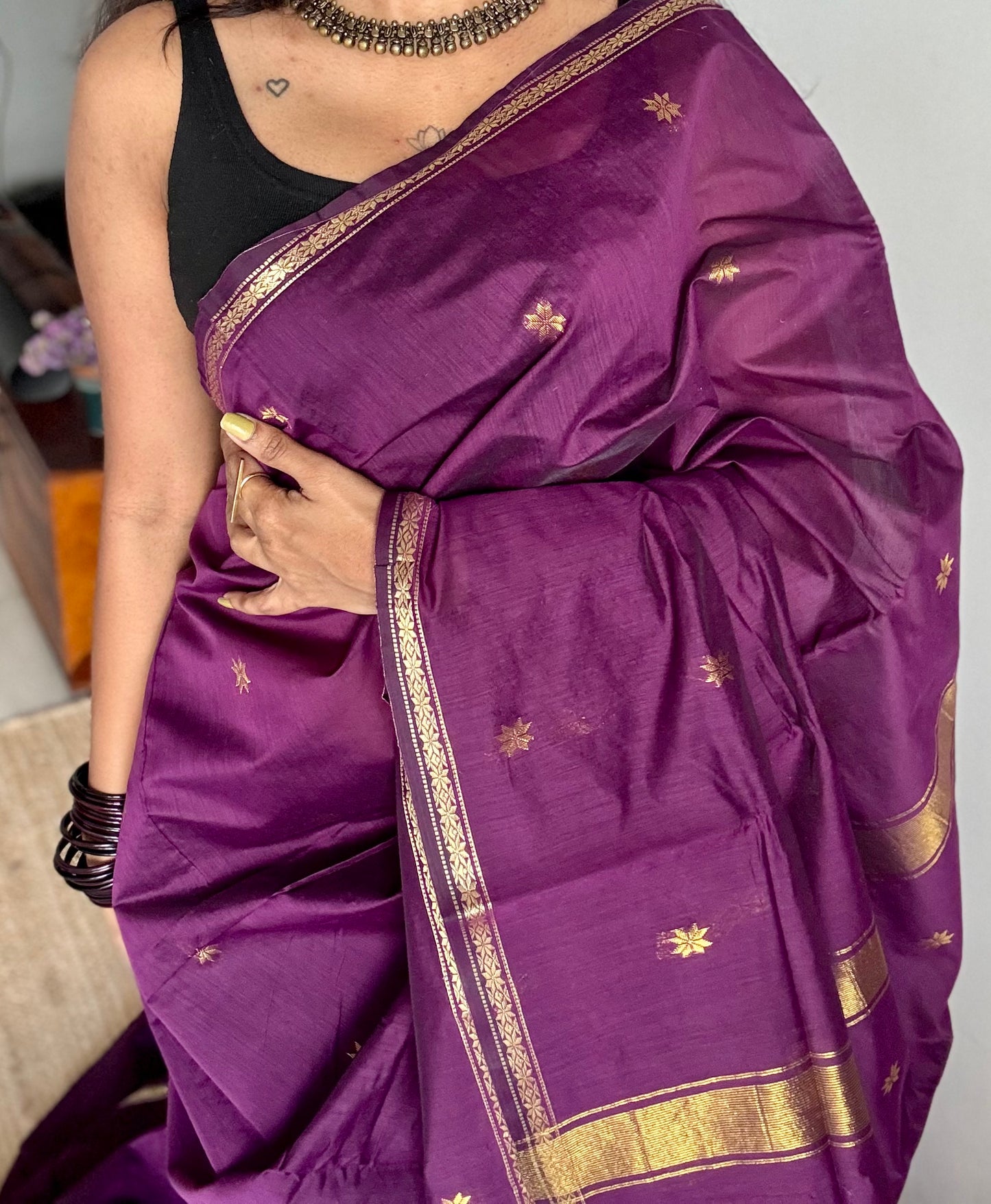 Grape wine, gold buttas, semi maheshwari cotton silk - YCCOTNCSDE87