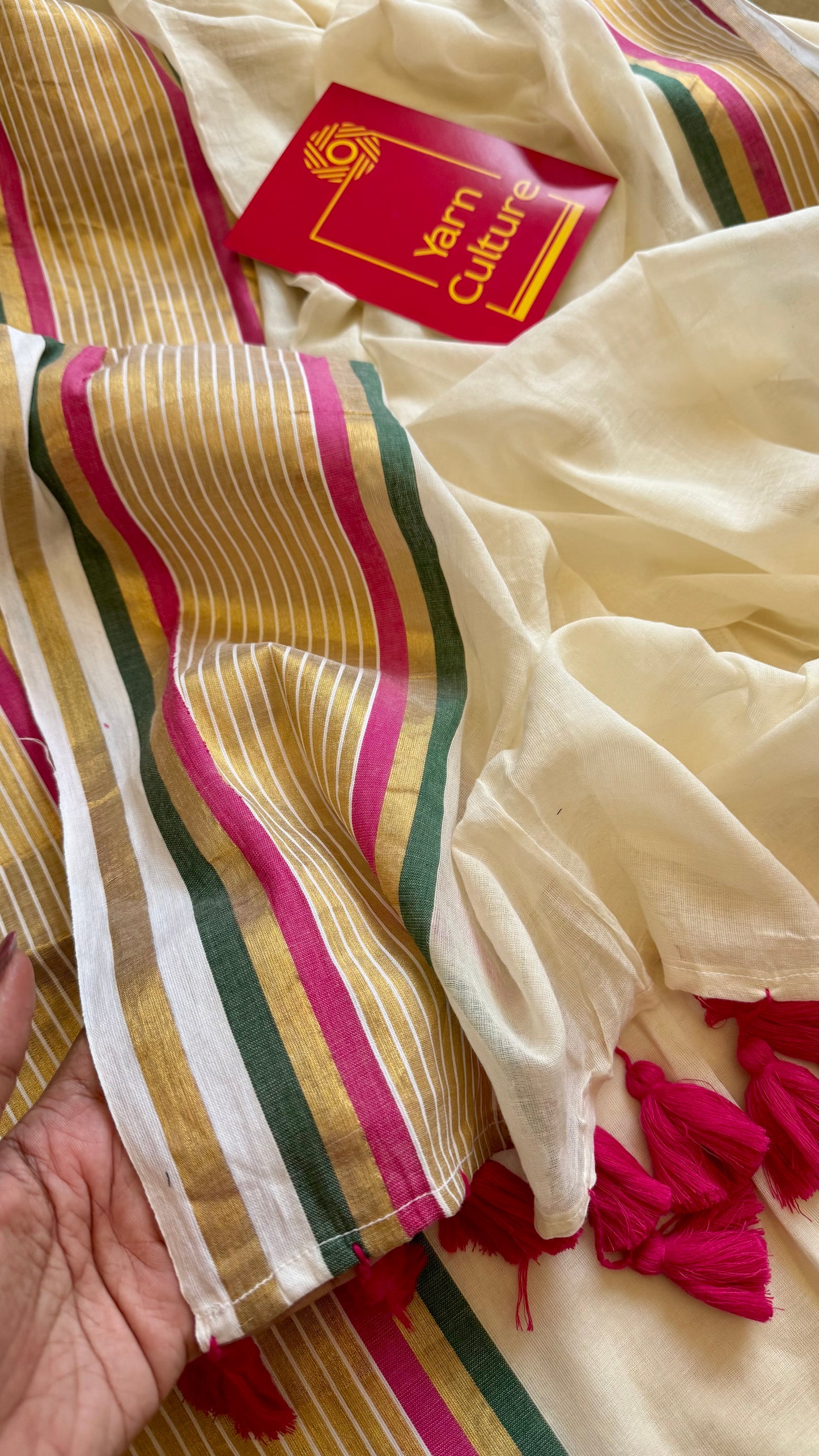 Ivory mul saree, hot pink, green and gold striped border - YCIEON14