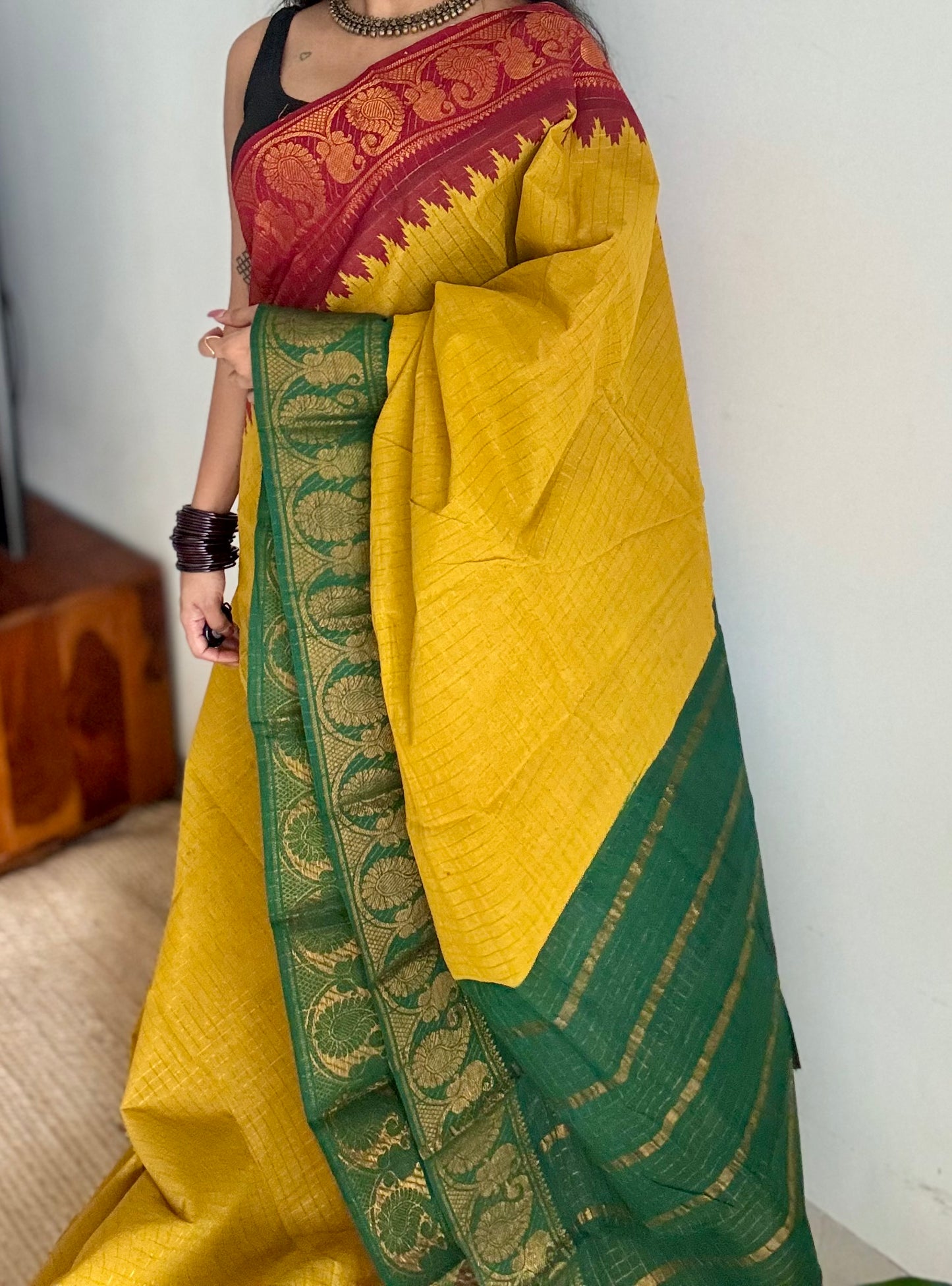Sungudi cotton checks, mustard yellow base, maroon and dark green dual tone border, soft cotton - YCCOTNMSJUL11