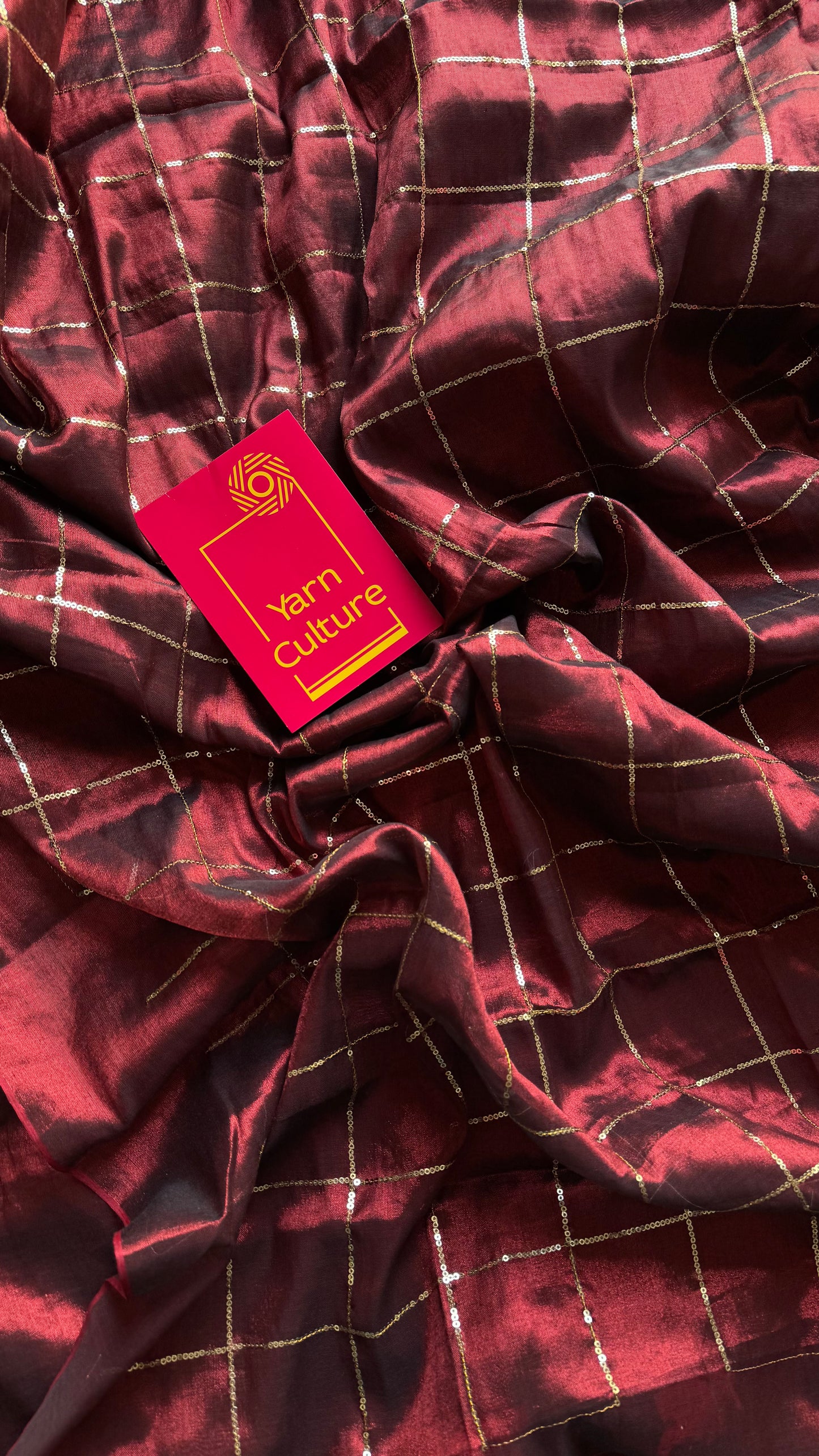 Maroon, checkered sequins work, mul tissue - YCBCMCJA10