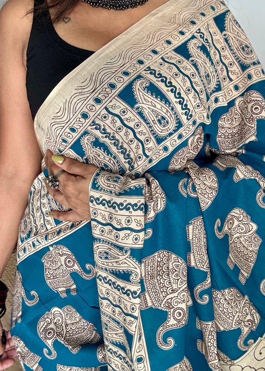 Peacock blue kalamkari saree, elephant motifs, soft cotton - YCWOTDMA350