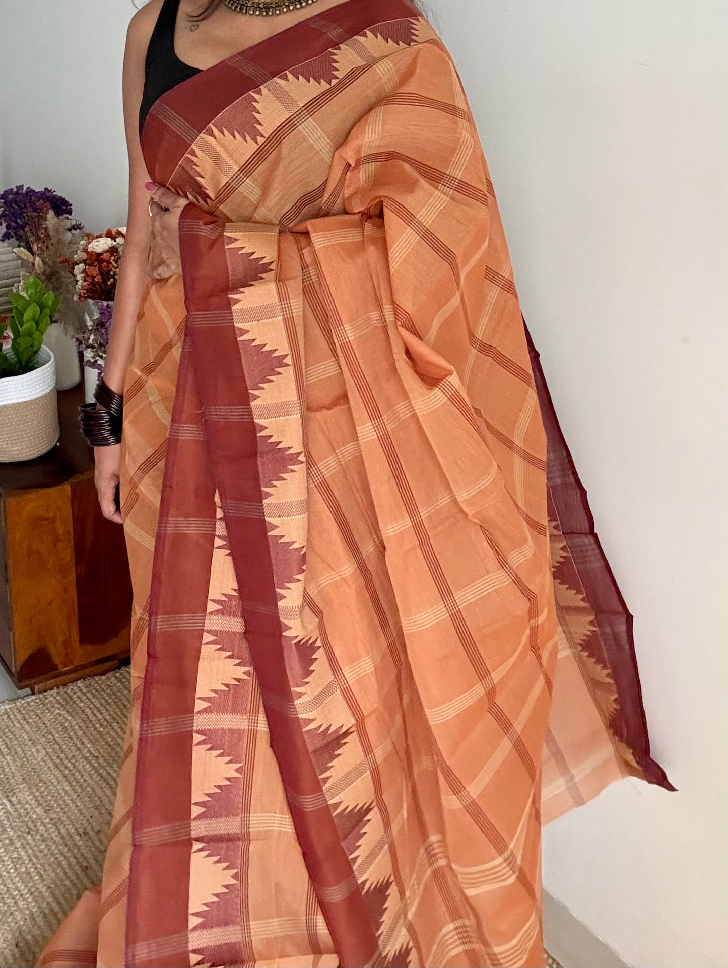 Chettinad cotton saree with light brown and dark brown checks, temple motif border - YCCOTNAP71