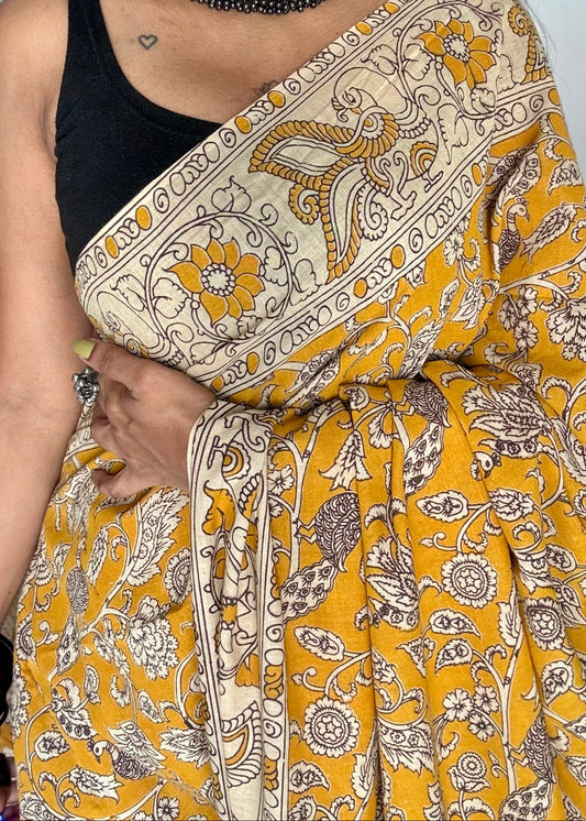Yellow kalamkari saree, floral vines, soft cotton - YCWOTDMA346