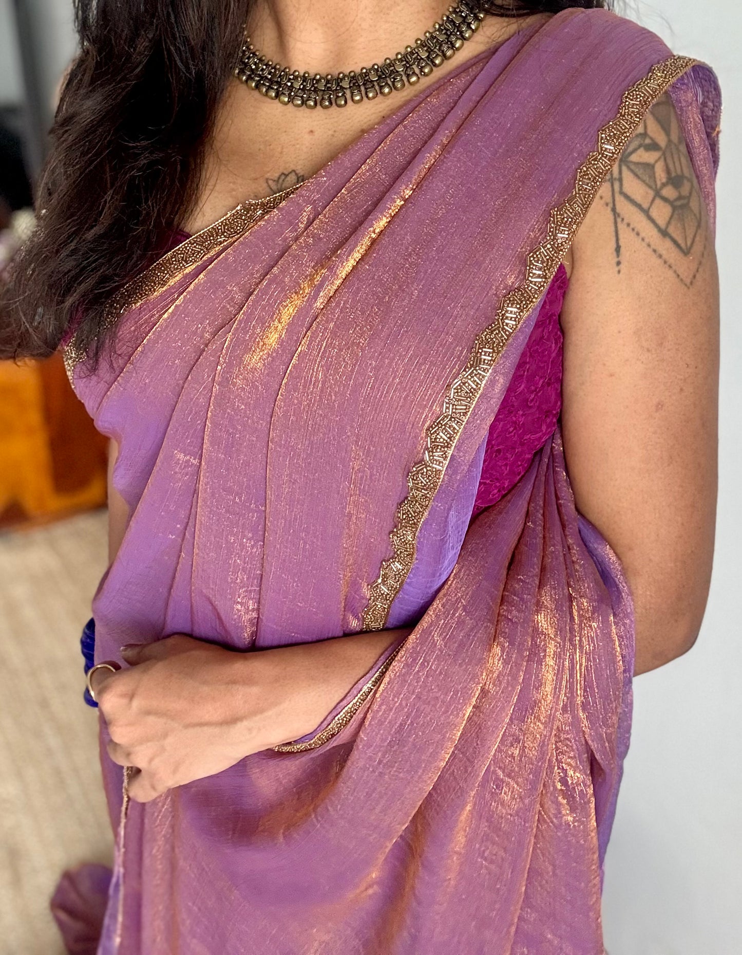 Purple Potion - purple pink and gold hues, metallic dual tone space silk, embellished border - YCDOSNO43