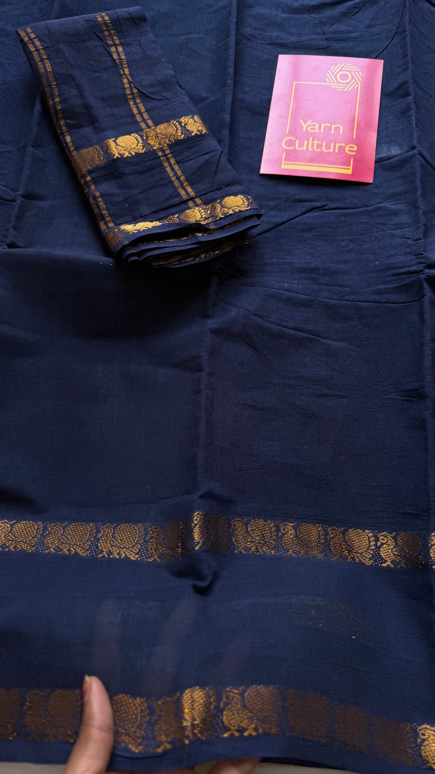 Dark blue rettaipettu peacock double bordered, kattuchayam dyed madurai cotton saree - YCCOTNMA277