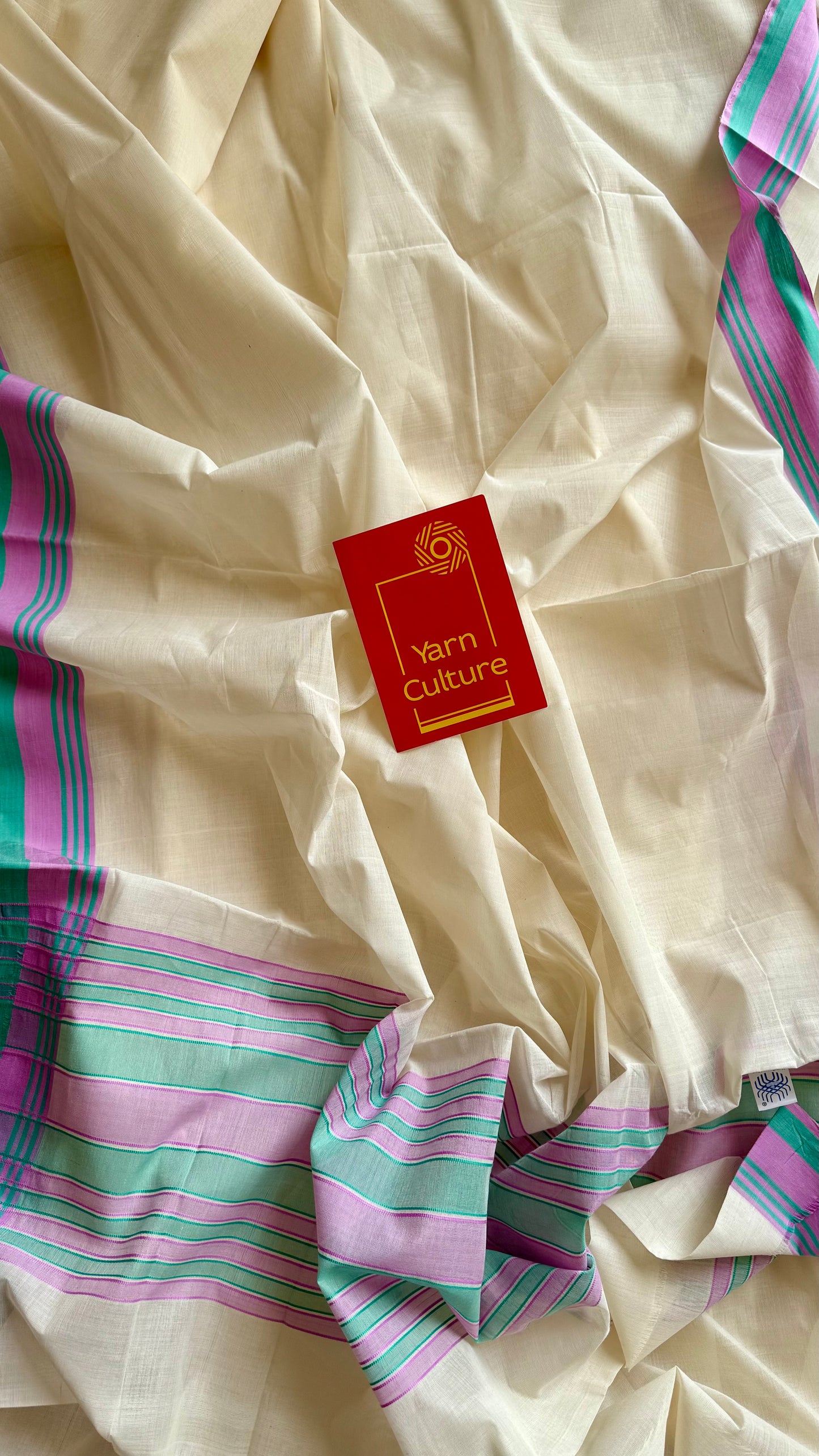 Handloom, woven in Chendamangalam Looms, ivory with pink and green stripes, soft cotton saree - YCIEON149