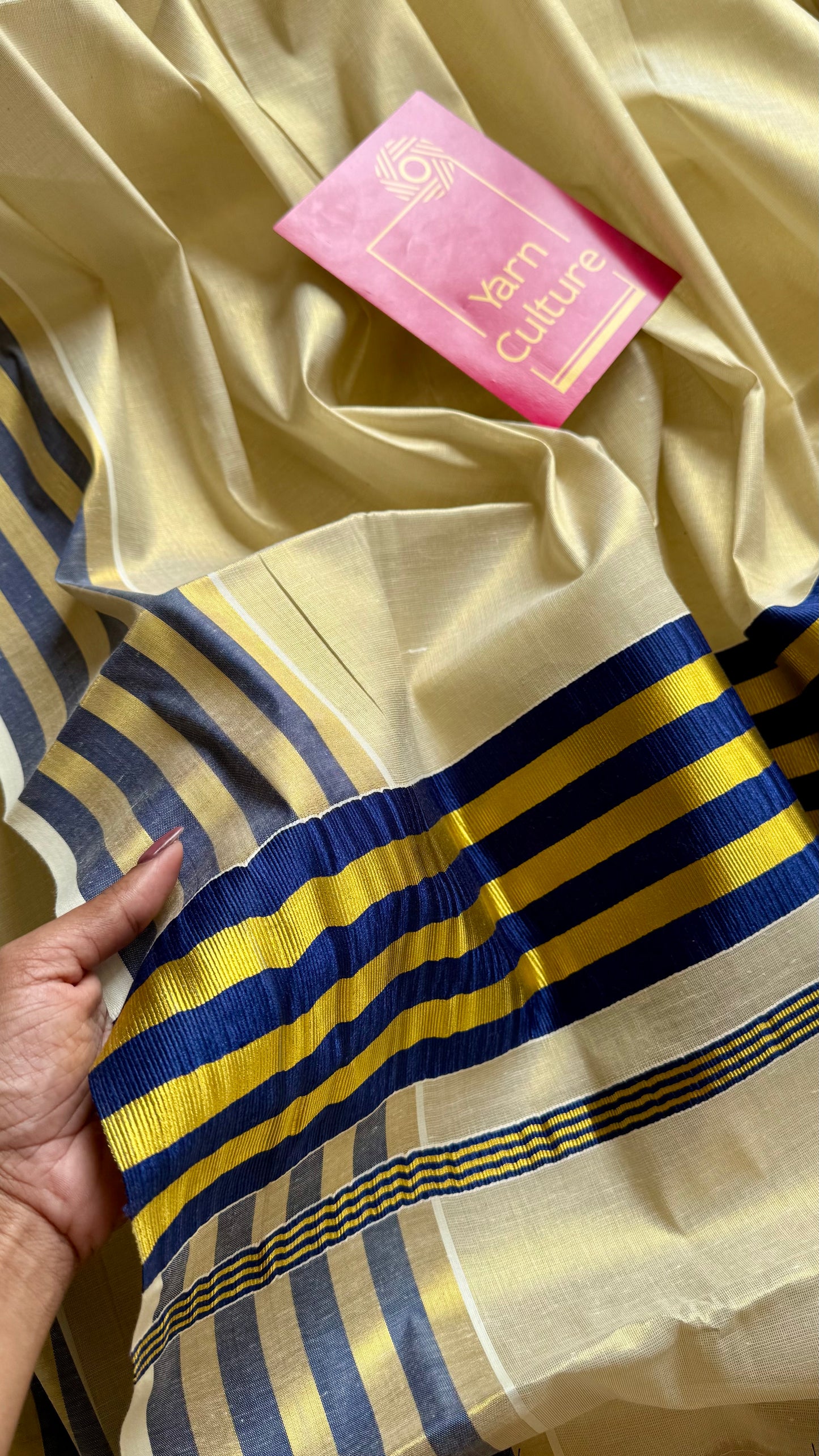 Ivory and gold soft tissue cotton saree, royal blue border - YCIEON66