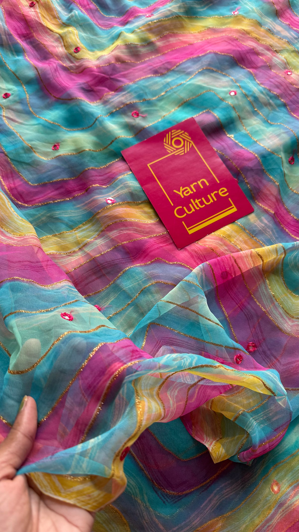 Blue multicoloured leheriya chiffon saree with mirror work  - YCTORLOC94