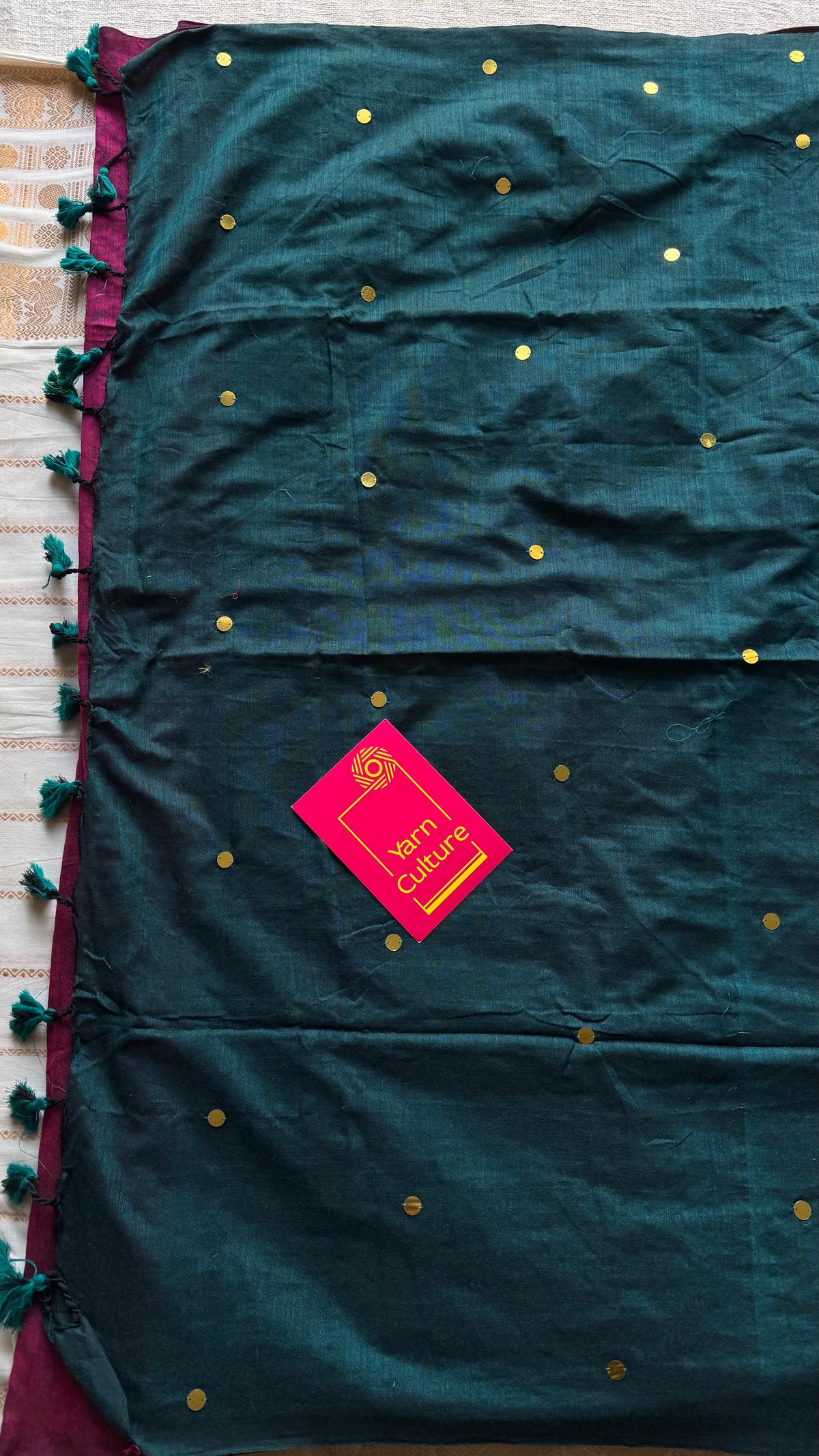 Ruby with peacock green contrast pallu, gini sequins, soft cotton saree - YCBCSCOC10