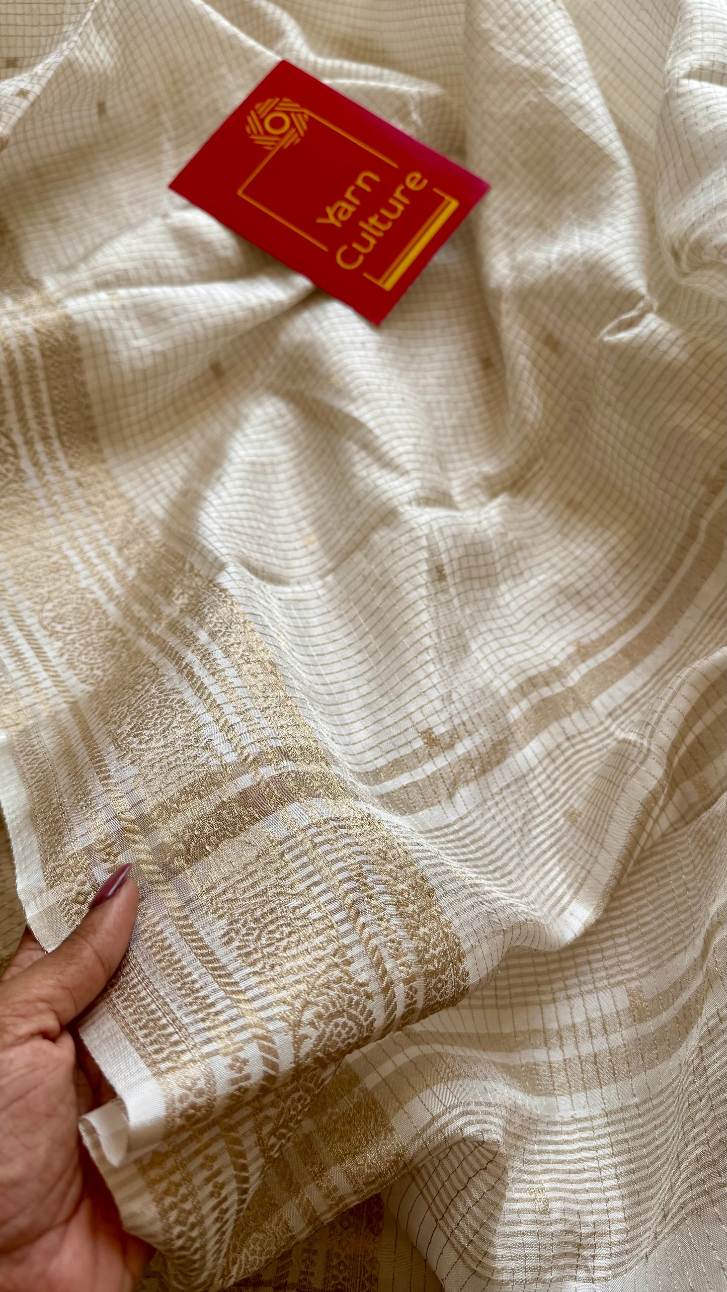 Off white and gold soft georgette saree, checks, gold border - YCIEON84