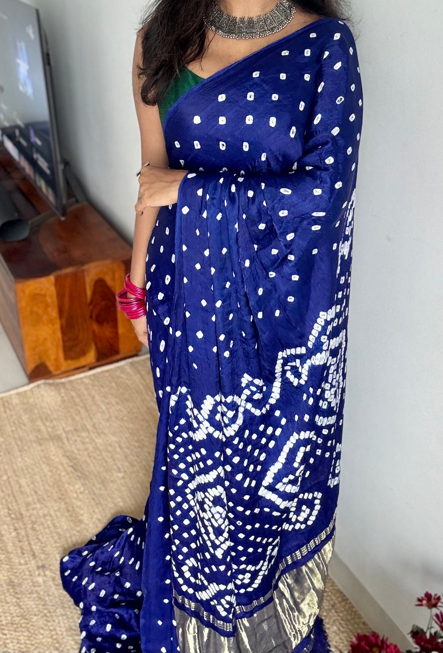Royal blue crushed bandhani modal silk with lagdi patta (zari pallu) - YCDESE27