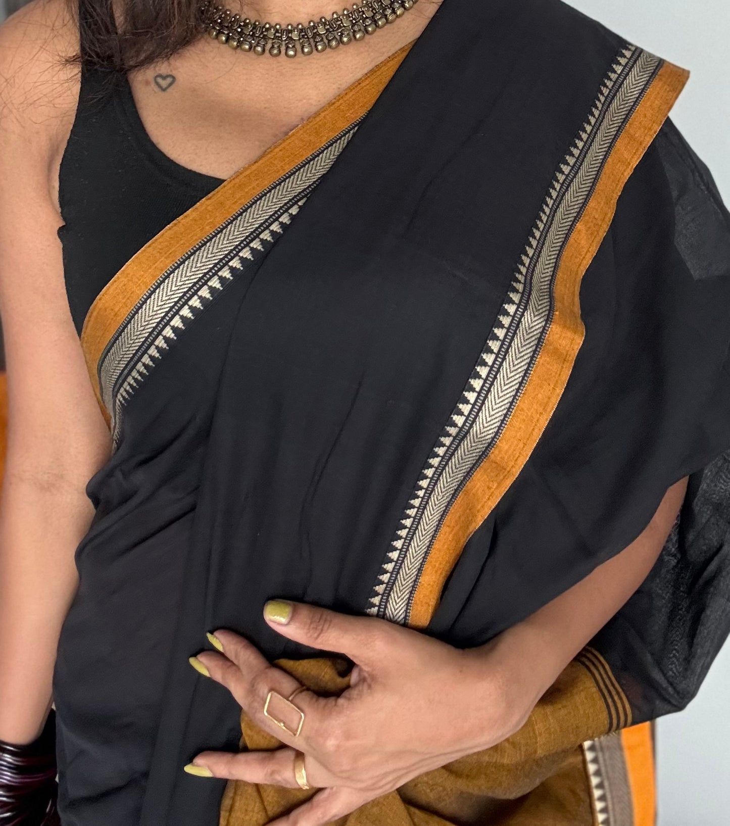 Black with dark yellow border narayanpet saree, soft cotton - YCWOTDNPFE29