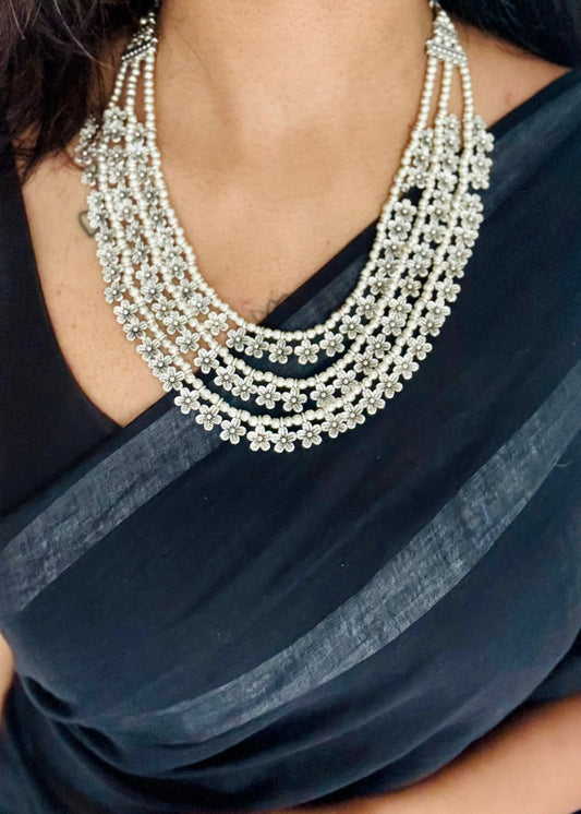 Three layered floral neckpiece, oxidised silver  - YCOSNP309