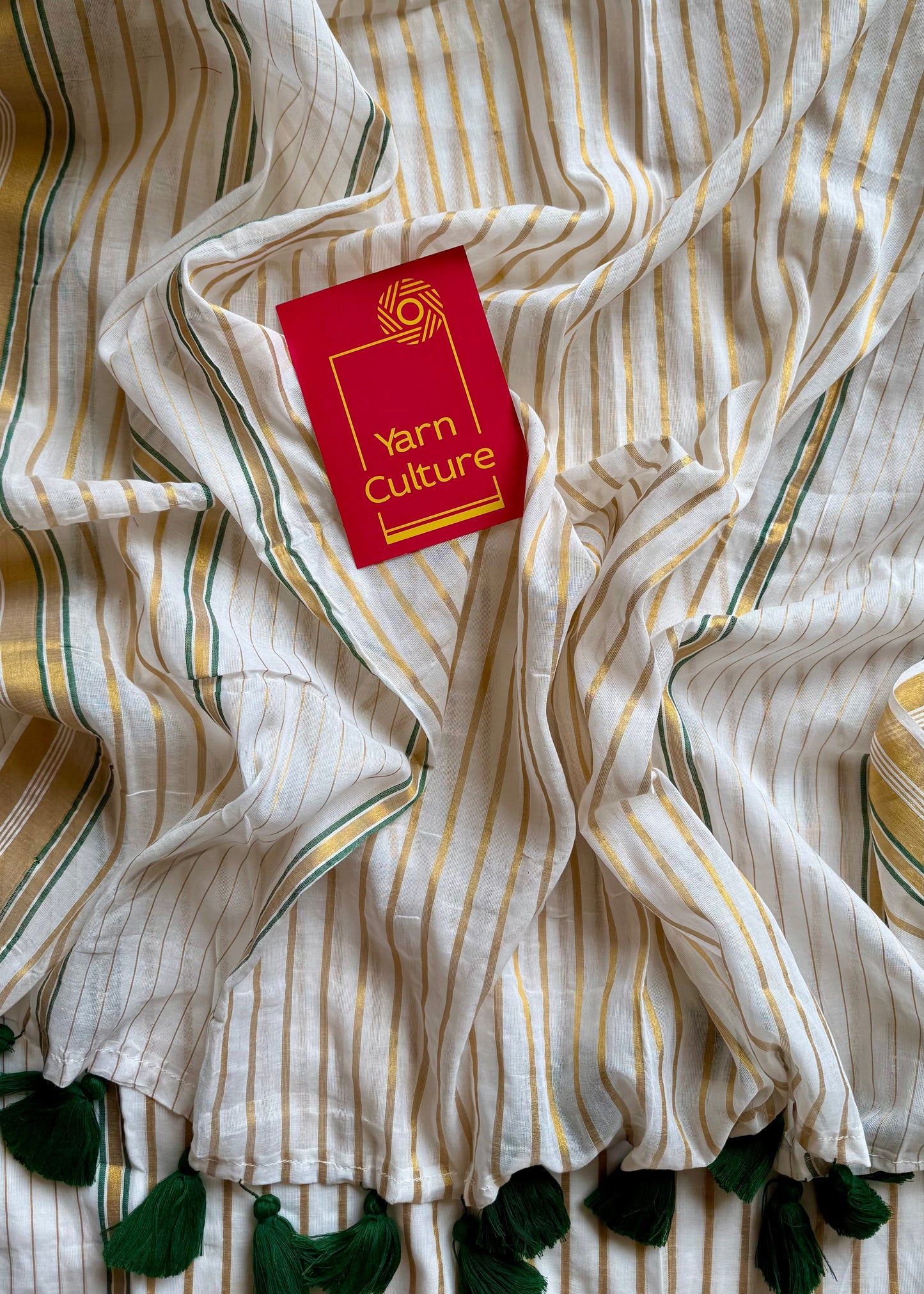 Ivory mul saree, green and gold stripes - YCIEON05