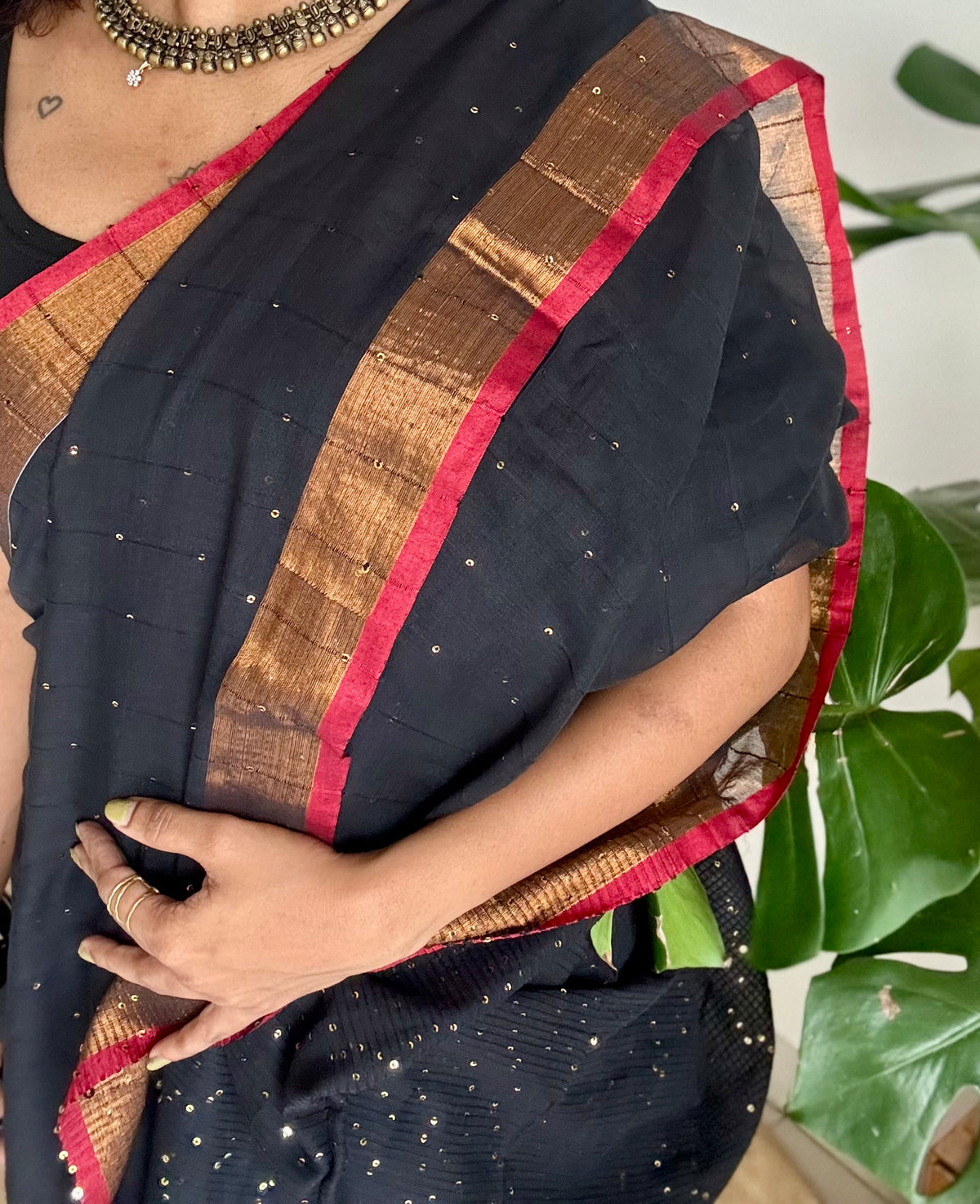 Black mul cotton saree with sequins and zari border - YCBCMCSE29