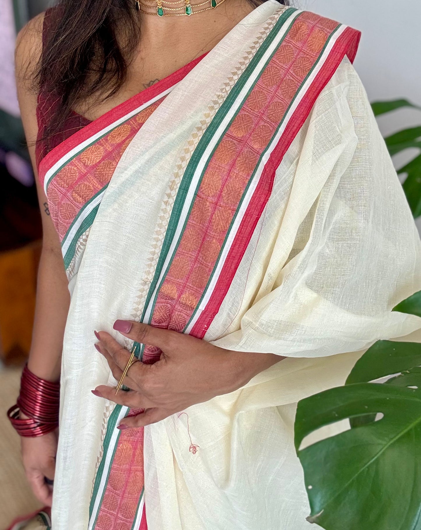 Ivory mul saree, muted red and green kanchi border  - YCIEON24