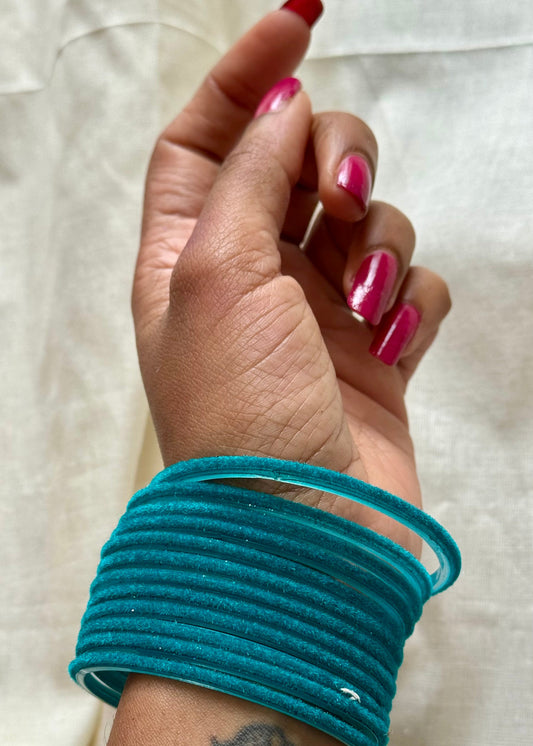 Turquoise velvet glass bangles, set of 12 - YCBANGL361