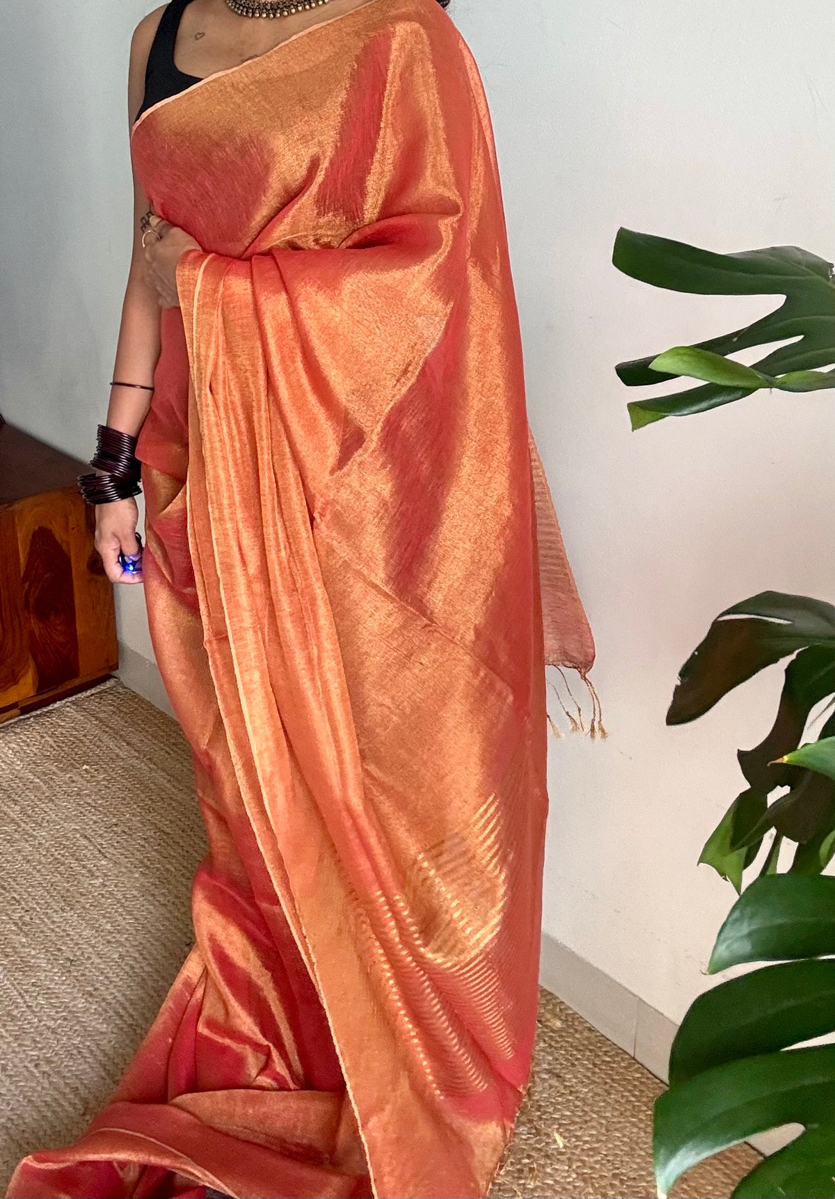 Orange with gold, dual tone metallic tissue linen saree - YCBCLTOC58