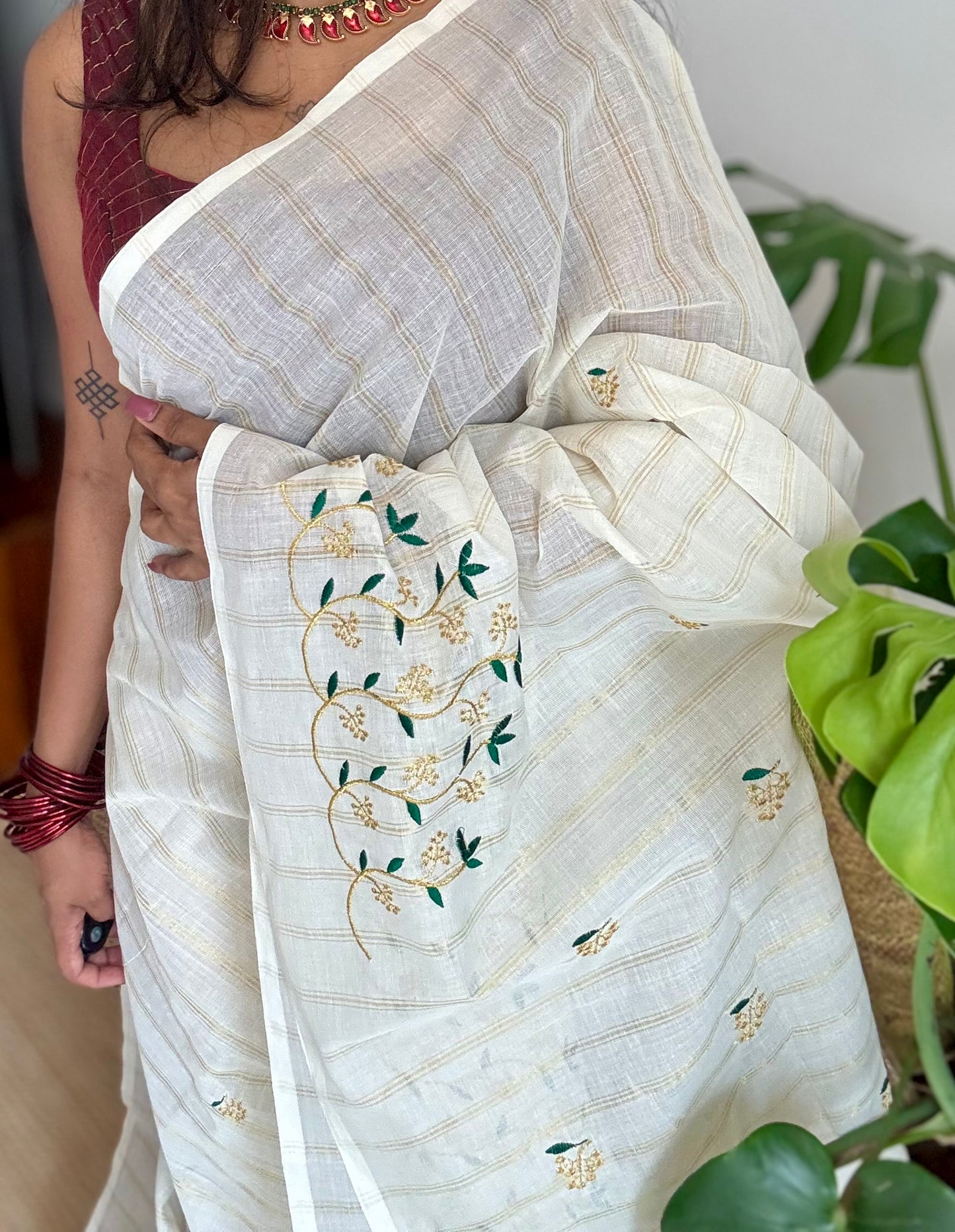Ivory and gold soft cotton saree, dark green floral vine embroidery  - YCIEON57