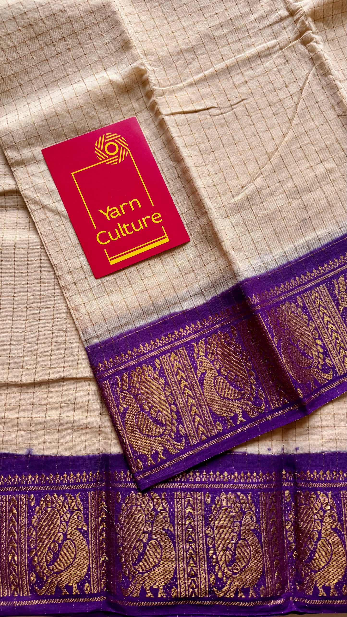 Ivory with purple contrast zari checkered sungudi, kattuchayam dyed madurai cotton - YCIEON95