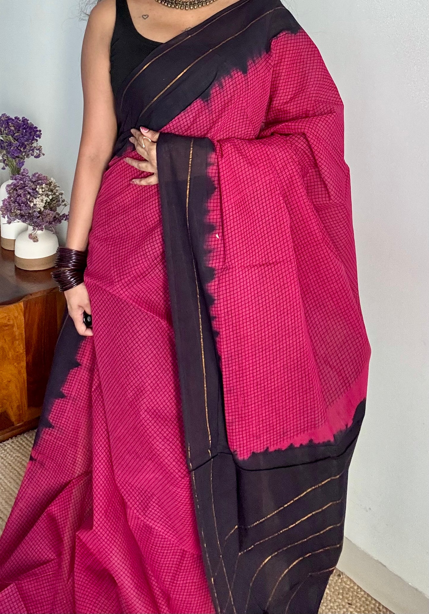 Dark pink with black contrast, checkered kattuchayam dyed madurai cotton saree - YCCOTNMA234