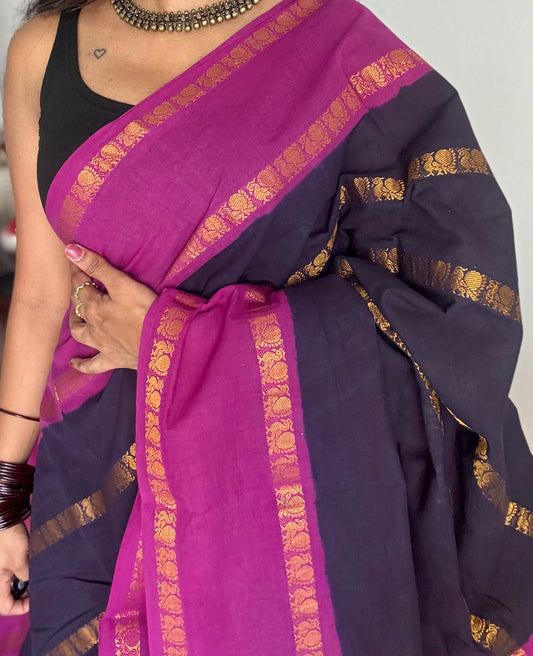 Dark blue with magenta peacock striped sungudi, kattuchayam dyed madurai cotton - YCCOTNMSAP165