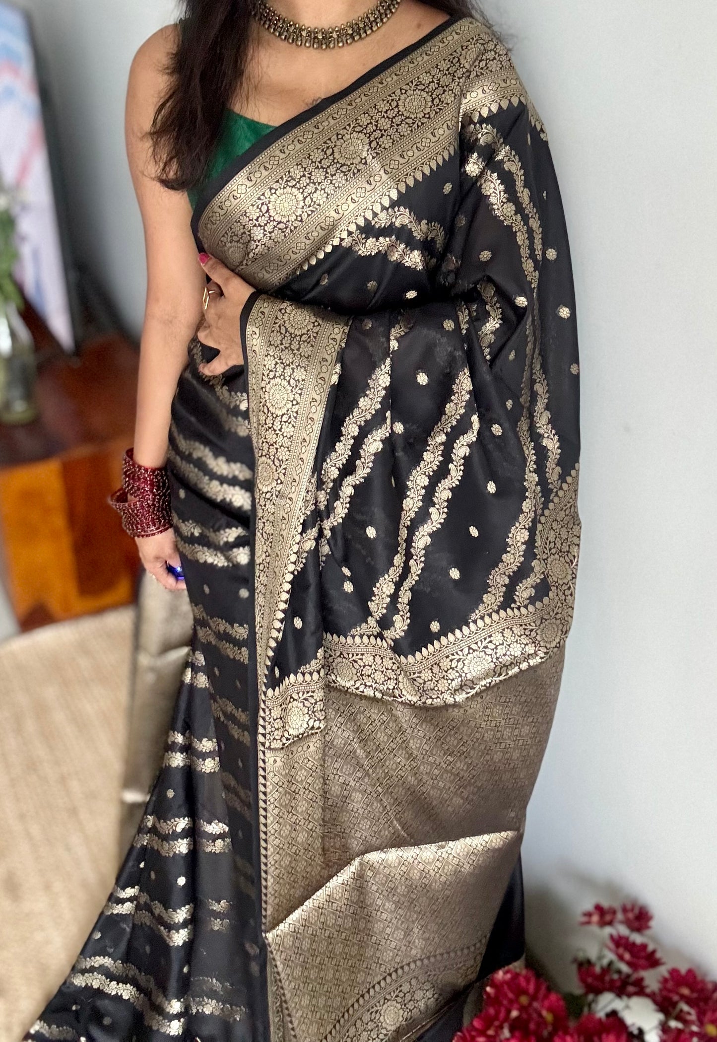 Black floral zari, Banarasi semi-georgette - YCDESE14