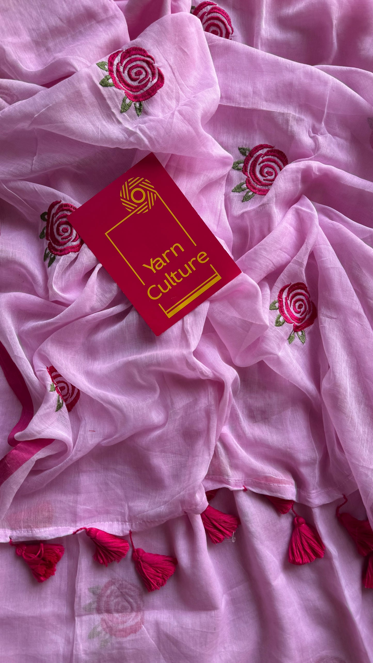 Pink mul with dark pink rose thread embroidery - YCBCMCNO73