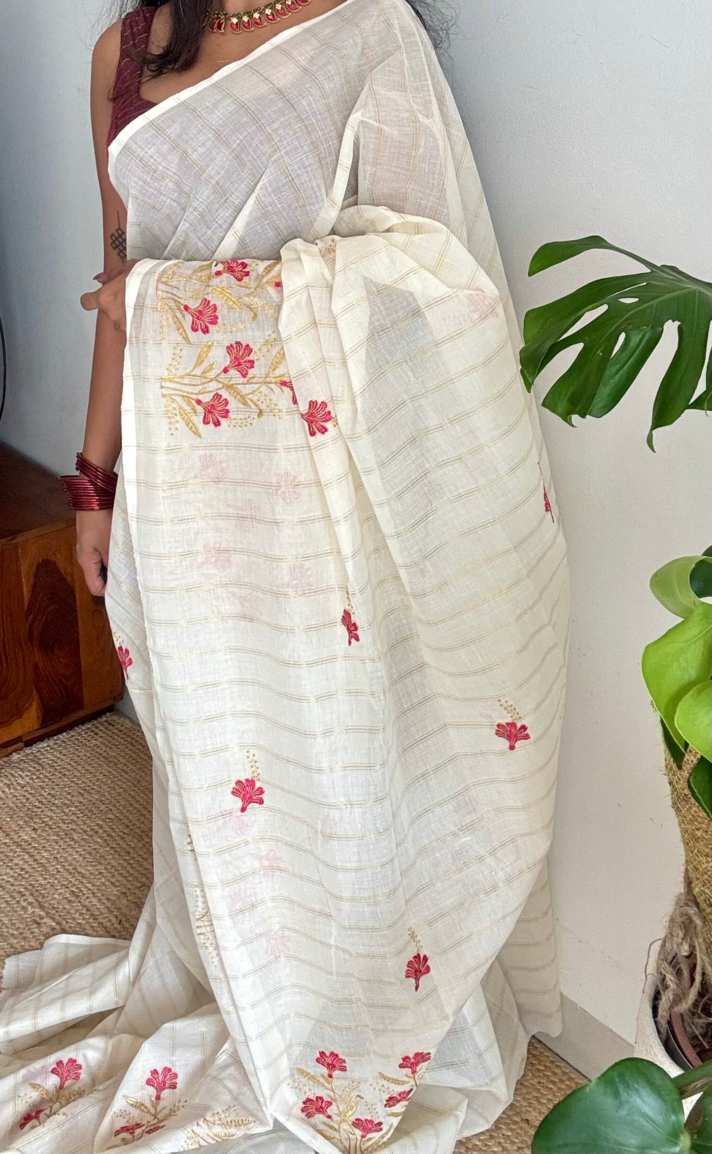 Ivory and gold soft cotton saree, hot pink floral embroidery  - YCIEON54