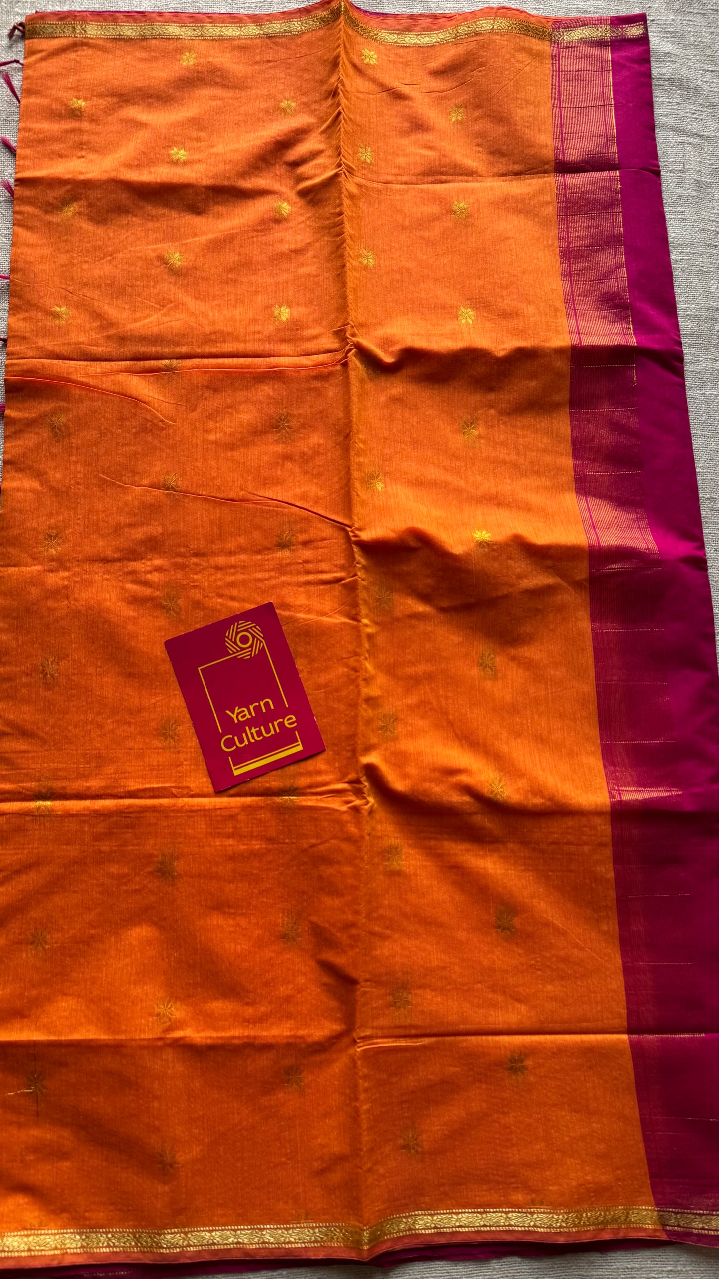 Orange with rani pink, gold buttas, semi maheshwari cotton silk - YCCOTNCSDE88