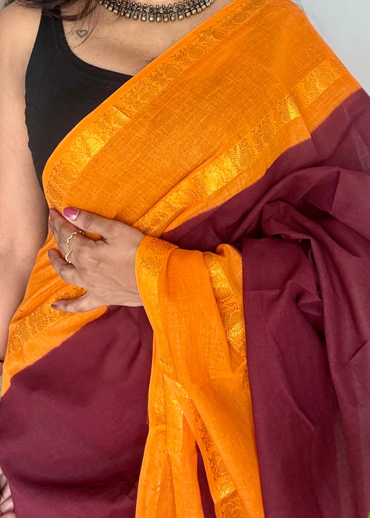 Maroon with light orange rettaipettu peacock double border, madurai soft cotton - YCCOTNMSAP205
