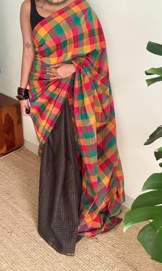 Black with multicoloured madras checks, cotton half-half saree - YCCOTNIDOC169