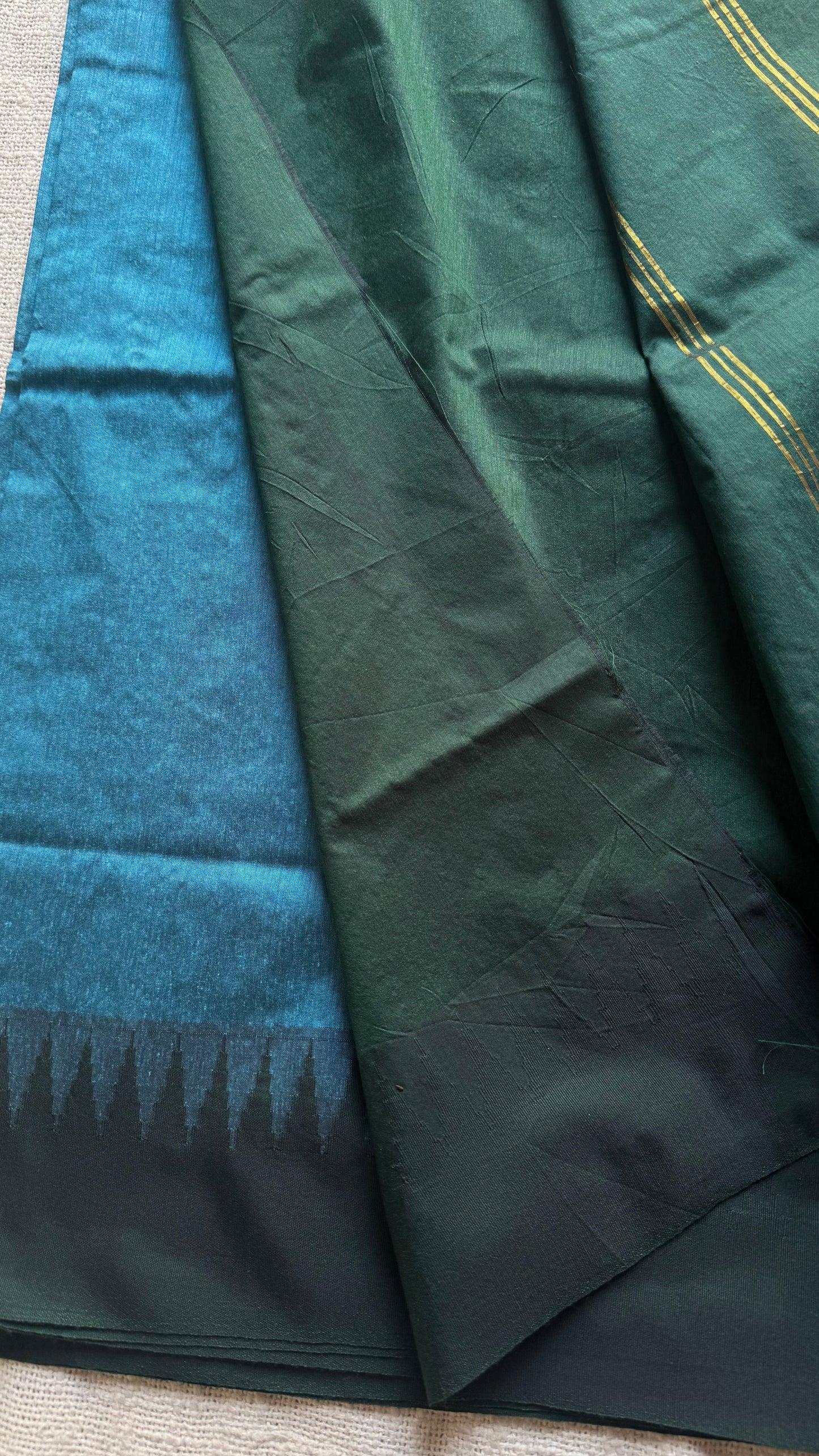 Blue with dark green contrast, temple border saree, cotton silk - YCCOTNTBFE63
