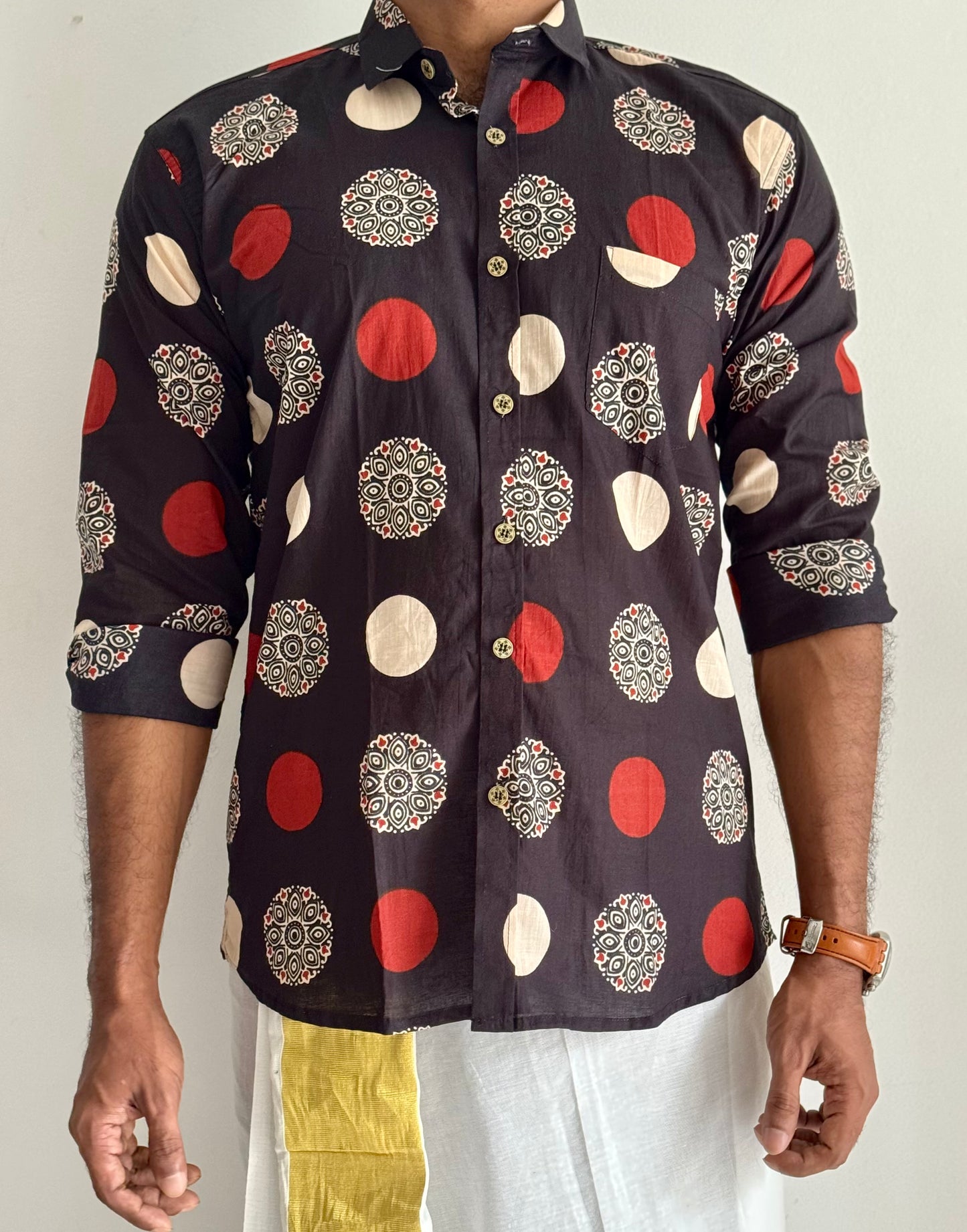 Black Red & White Ajrakh Block Printed Cotton Men's Full Sleeve Collared Shirt - YCMSEIE199