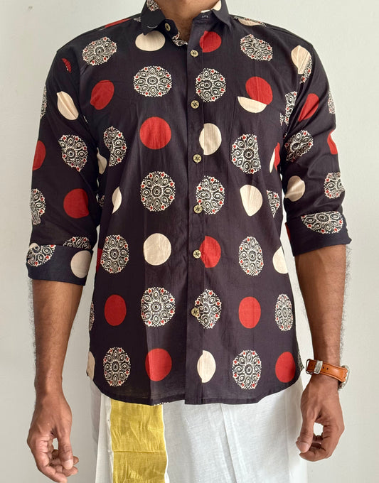 Black Red & White Ajrakh Block Printed Cotton Men's Full Sleeve Collared Shirt - YCMSEIE199