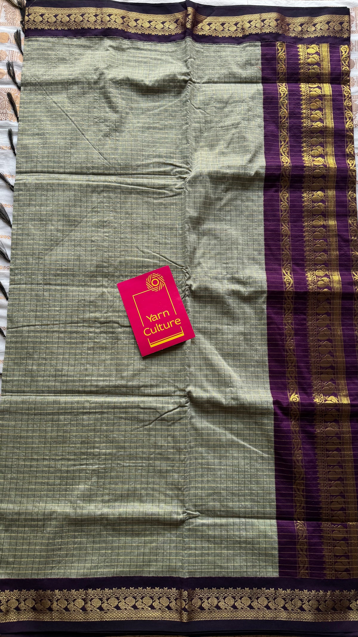 Warm grey with purple, zari checkered saree, cotton silk - YCCOTNKCOC105
