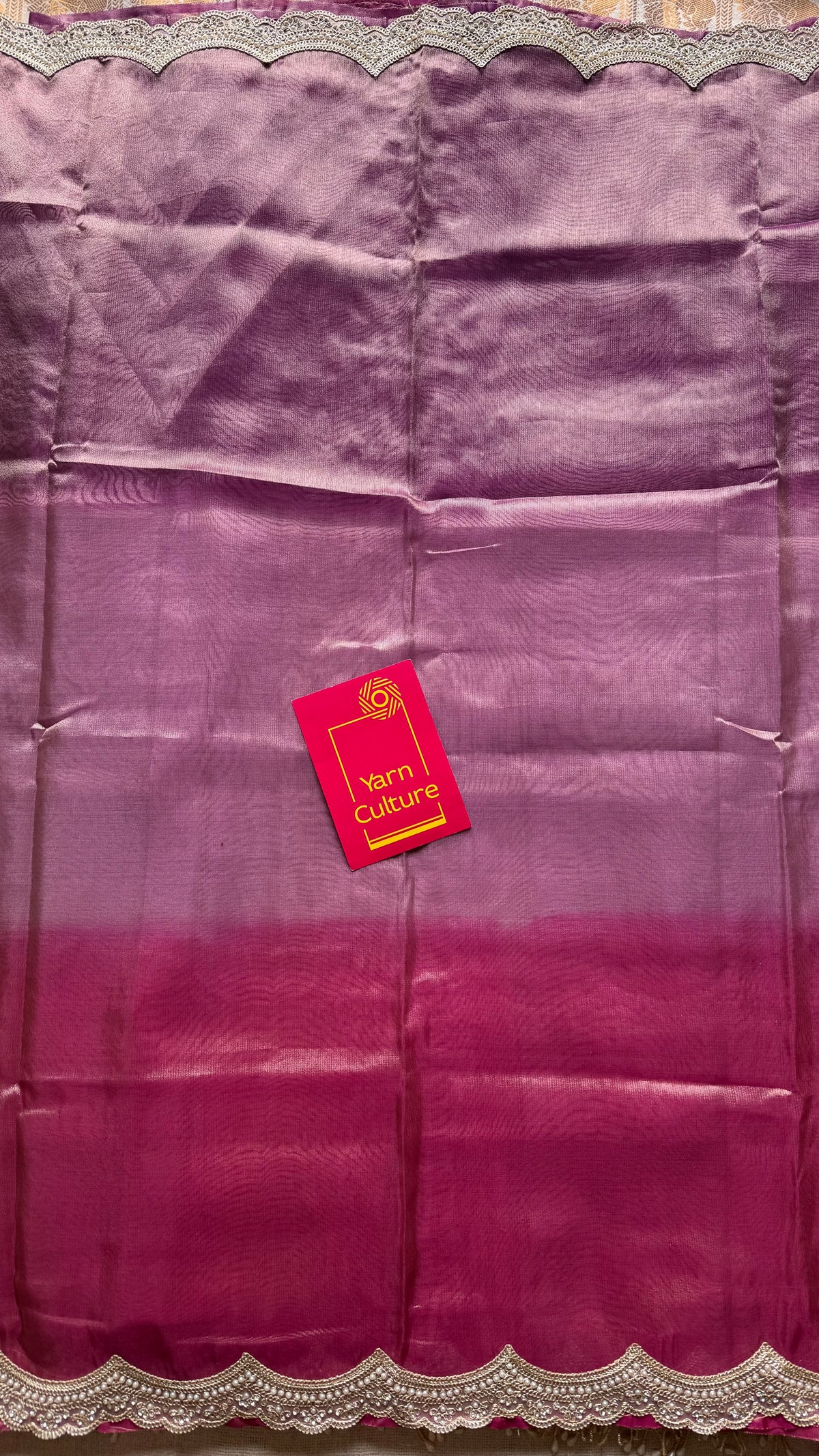 Pink and purple tissue Banarasi saree with embellished pearl lace border - YCBLTOC74