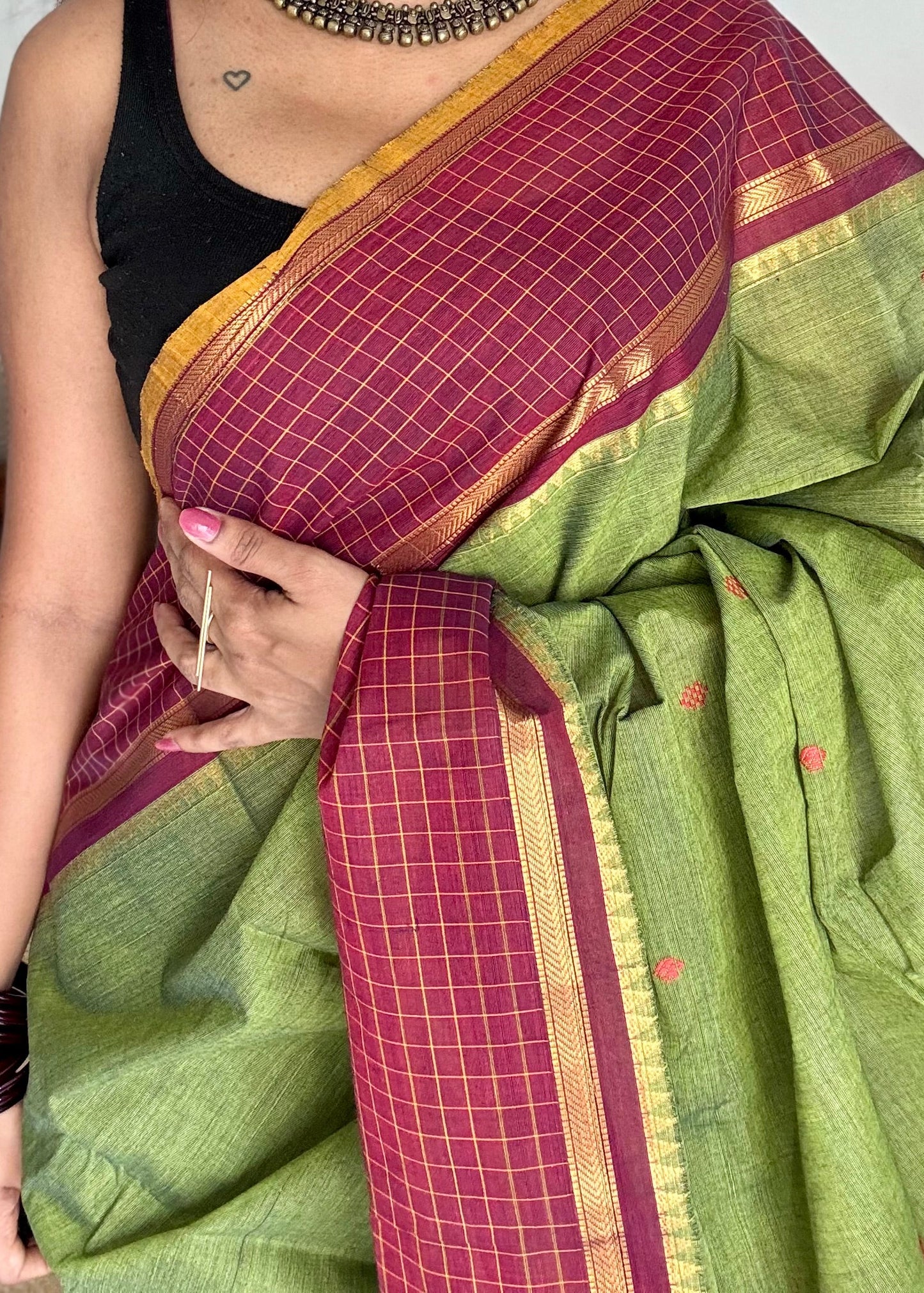 Green and maroon contrast, Chettinad cotton saree with checkered border  - YCCOTNMA271