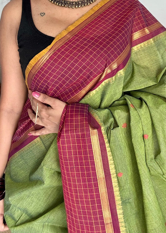 Green and maroon contrast, Chettinad cotton saree with checkered border  - YCCOTNMA271
