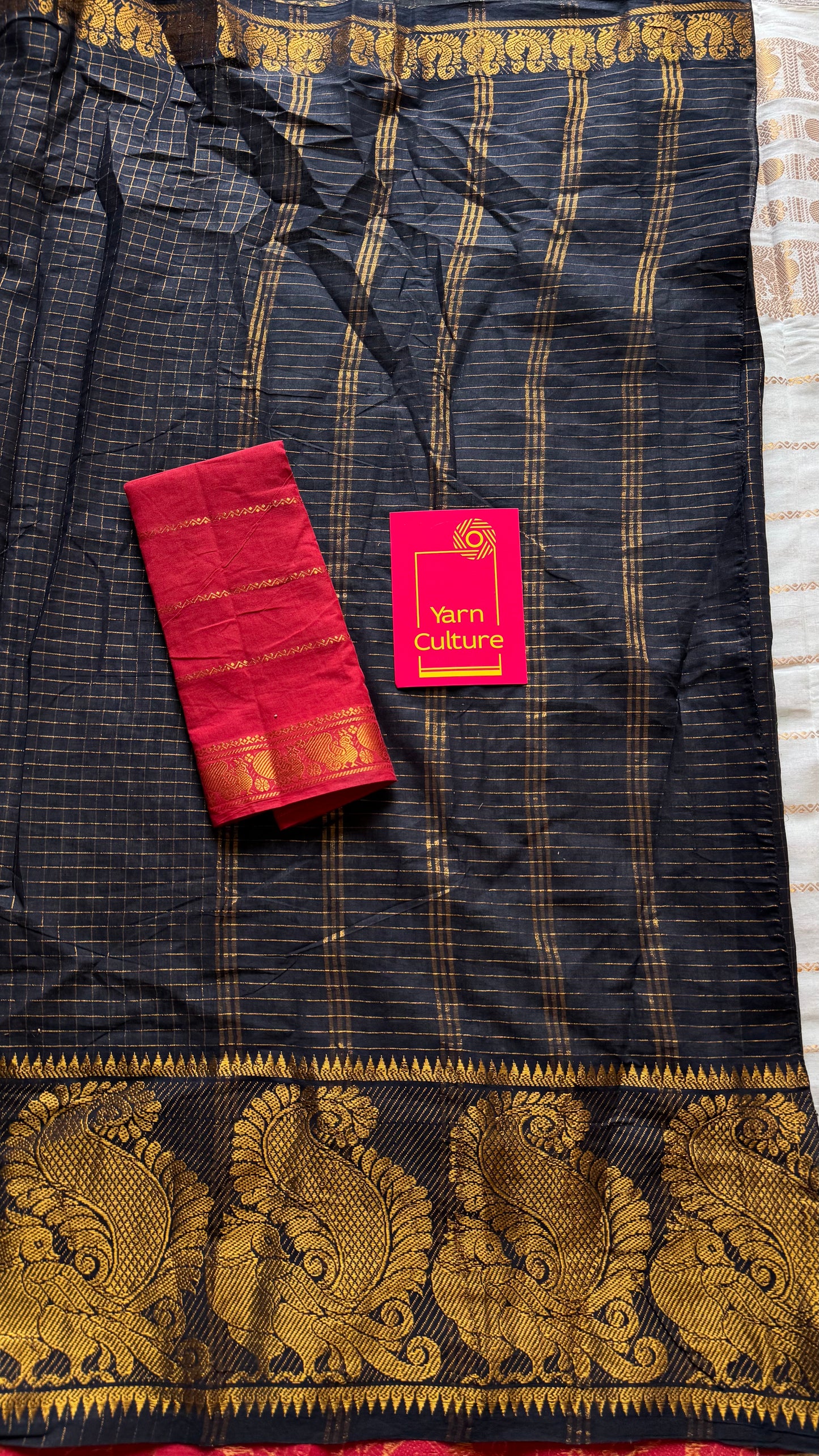Black with ivory and red border, sungudi cotton half-half saree - YCCOTNIDMA312